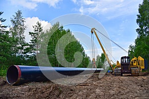 Pipelayer with side boom Installation of  gas and crude oil pipes in ground. Construction of the gas pipes to new LNG plant