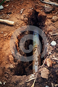 Pipeline construction metal pipe in trench for old underground water line installation