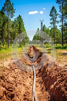 Pipeline construction metal pipe in trench for old underground water line installation