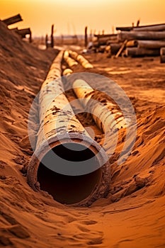 Pipeline construction metal pipe in trench, old water line, and soil in underground installation