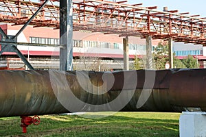 Pipeline estocade, large steam pipe in insulation made of glass wool with red ventil, valve, valve, drainage at oil refinery, petr