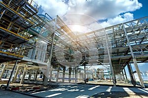 Pipeline oil and gas refinery plant form industry zone with sunrise and cloudy sky, oil and gas industrial concept