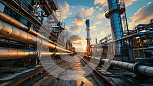 Pipeline of refinery plant at sunset, natural gas and oil pipes of factory in petrochemical industry. Perspective of tube lines