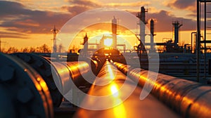 Pipeline of refinery plant at sunset, perspective view of gas or oil pipes of petrochemical factory. Scenery of tube lines, sun