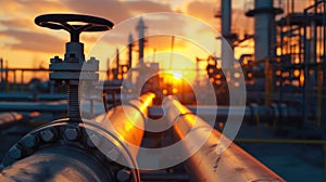 Pipeline of refinery plant and valve at sunset, perspective view of gas or oil pipes of petrochemical factory. Scenery of tube
