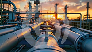 Pipeline of refinery plant and valve at sunset, scenery of gas or oil pipes of petrochemical factory. Perspective view of tube