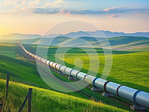 Pipeline Through Rolling Green Hills at Sunset