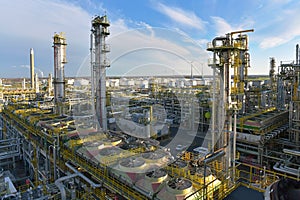Pipeline,storage tanks and buildings of a refinery - industrial plant for fuel production