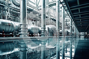 Pipeline, storage tanks and pipe rack of petroleum, chemical, hydrogen or ammonia industrial plant. Industrial interior