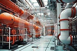 Pipeline, storage tanks and pipe rack of petroleum, chemical, hydrogen or ammonia industrial plant. Industrial interior