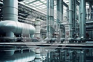 Pipeline, storage tanks and pipe rack of petroleum, chemical, hydrogen or ammonia industrial plant. Industrial interior