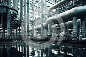 Pipeline, storage tanks and pipe rack of petroleum, chemical, hydrogen or ammonia industrial plant. Industrial interior