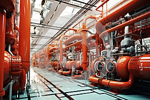 Pipeline, storage tanks and pipe rack of petroleum, chemical, hydrogen or ammonia industrial plant. Industrial interior
