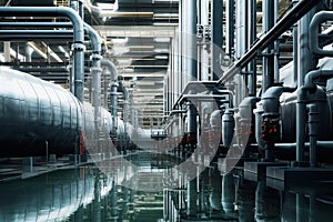 Pipeline, storage tanks and pipe rack of petroleum, chemical, hydrogen or ammonia industrial plant. Industrial interior