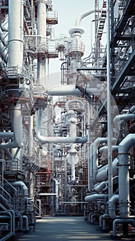 Pipeline, storage tanks and pipe rack of petroleum, chemical, hydrogen or ammonia industrial plant. Industrial interior