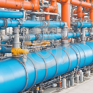 Pipeline, storage tanks and pipe rack of petroleum, chemical, hydrogen or ammonia industrial plant. Industrial zone