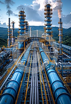 Pipelines and chimneys of refinery. A photo of an industrial oil and gas plant with large pipes