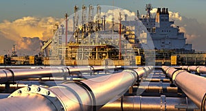 Pipelines leading the LNG terminal and the LNG tanker