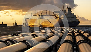 Pipelines leading the LNG terminal and the LNG tanker photo