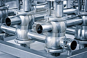 Pipelines from stainless steel, a system for pumping liquids or milk for the food industry. Abstract industrial background