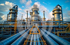 Pipelines and towers of refinery. A photo of an industrial oil and gas plant with large pipes