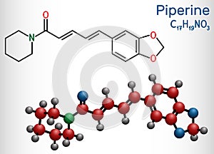 Piperine, C17H19NO3 molecule. It is alkaloid isolated from the plant Piper nigrum. It has role as plant metabolite, food component