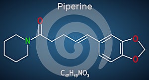 Piperine, C17H19NO3 molecule. It is alkaloid isolated from the plant Piper nigrum. It has role as plant metabolite, food component