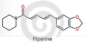 Piperine, C17H19NO3 molecule. It is alkaloid isolated from the plant Piper nigrum. It has role as plant metabolite, food component