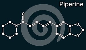 Piperine, C17H19NO3 molecule. It is alkaloid isolated from the plant Piper nigrum. It has role as plant metabolite, food component