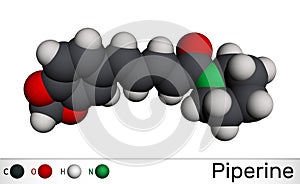 Piperine, C17H19NO3 molecule. It is alkaloid isolated from the plant Piper nigrum. It has role as plant metabolite, food component