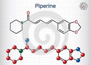 Piperine, C17H19NO3 molecule. It is alkaloid isolated from the plant Piper nigrum. It has role as plant metabolite, food component