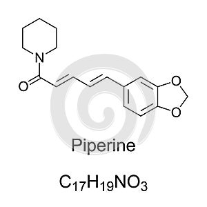 Piperine, pungency of long and black pepper, chemical formula and structure