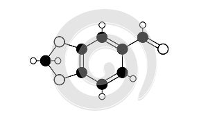 piperonal molecule, structural chemical formula, ball-and-stick model, isolated image aromatic aldehydes