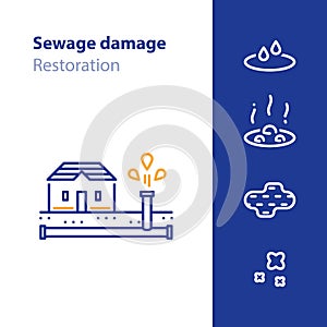 Pipes break, leaking water, sewer damage concept icon