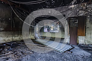 pipes in a burned factory room