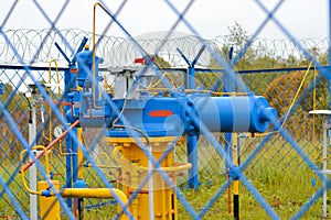 Pipes equipment at the outdoor industrial place, valves of oil system Gaz. Offshore power and energy business industry