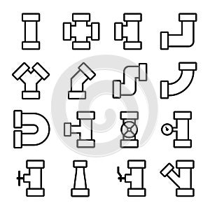 Pipes and Fittings Icons Set. Lineart Style. Vector