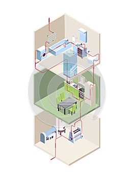 Pipes installation. House crossection with hot and cold water pipes modern systems vector isometric