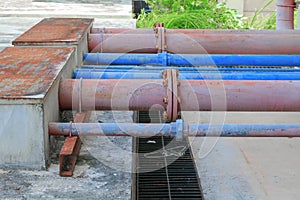 Pipes joints and rusty water plumbing steel industrial