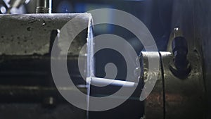 Pipes manufacturing production line. Manufacture of plastic water pipes factory. Process of making plastic tubes on the