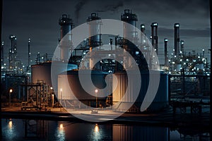 Pipes, oil storage tanks, pipelines of a petrochemical plant at night.