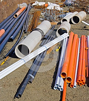 Pipes and reinforcing on building site