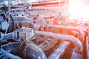 Pipes and sewage pumps inside modern industrial wastewater treatment plant photo