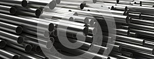 Pipes tubes steel metal, round profile, stacked full background. 3d illustration