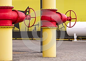 pipes with valves. Gas and oil refining.