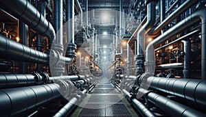 Pipes and valves, valves inside an industrial factory for the production, transportation of oil, gas