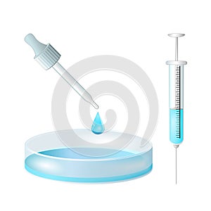 Pipette with drop serum. Syringe with vaccine.  petri dish