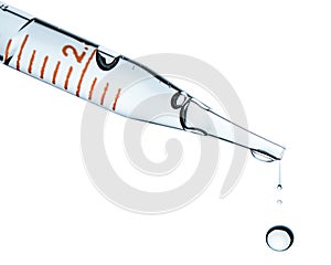 Pipette or Dropper with water drops. Concept for medicine, biology, cosmetic, pharmacy, perfume industry.