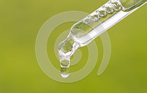 Pipette with essential oil, serum, hyaluronic acid on grass background. Aromatherapy, alternative medicine with green