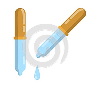 Pipette with orange tip. Cartoon flat illustration. Water and medicine. Eye drops and eyedropper